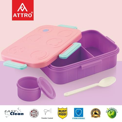 Image of ATTRO TicTac Plastic Lunch Box - 3 Compartment Bento Tiffin, Leak-Proof & Durable, Ideal for Kids, School, Picnic- 1200ml+80ml, Pink Purple
