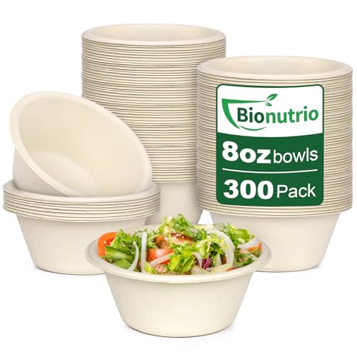 Bionutrio 300 Pack 8 oz Small Paper Bowls Compostable Disposable Bagasse Bowls Heavy-Duty Biodegradable Sugarcane Fibers Bowls for Cereals Snacks Dessert Candy
