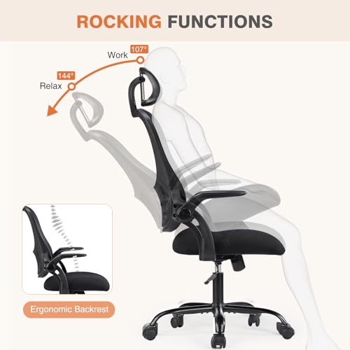 Sweetcrispy Office Computer Desk Chair, Ergonomic High-Back Mesh Rolling Work Chairs with Wheels and Adjustable Headrests, Comfortable Lumbar Support, Comfy Flip-up Arms for Home, Bedroom, Study,Black