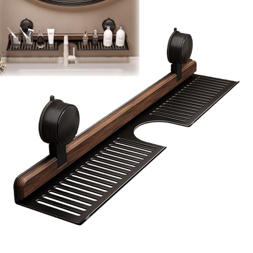 Behogan Étagère de lavabo sur robinet avec ventouse, étagère en noyer pour salle de bain, étagère de douche suspendue, étagère de salle de bain sans perçage, organisateur de robinet, étagère de