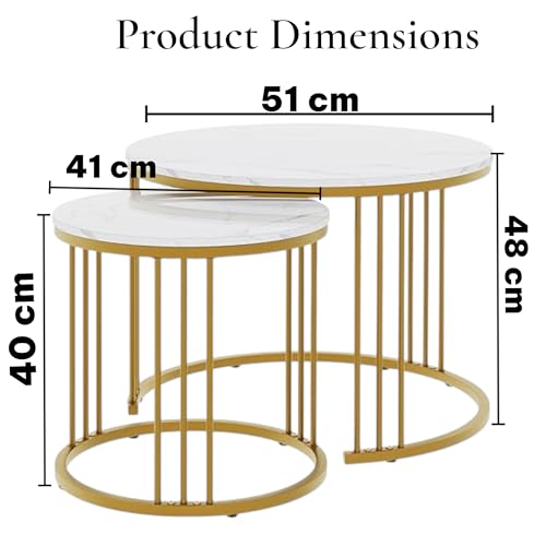 Image of Modern Nesting Table Set of 2 - Round Coffee Table with Engineered Wood Top & Metal Frame, Side Tables for Living Room, Bedroom & Lounge (Gold & White)