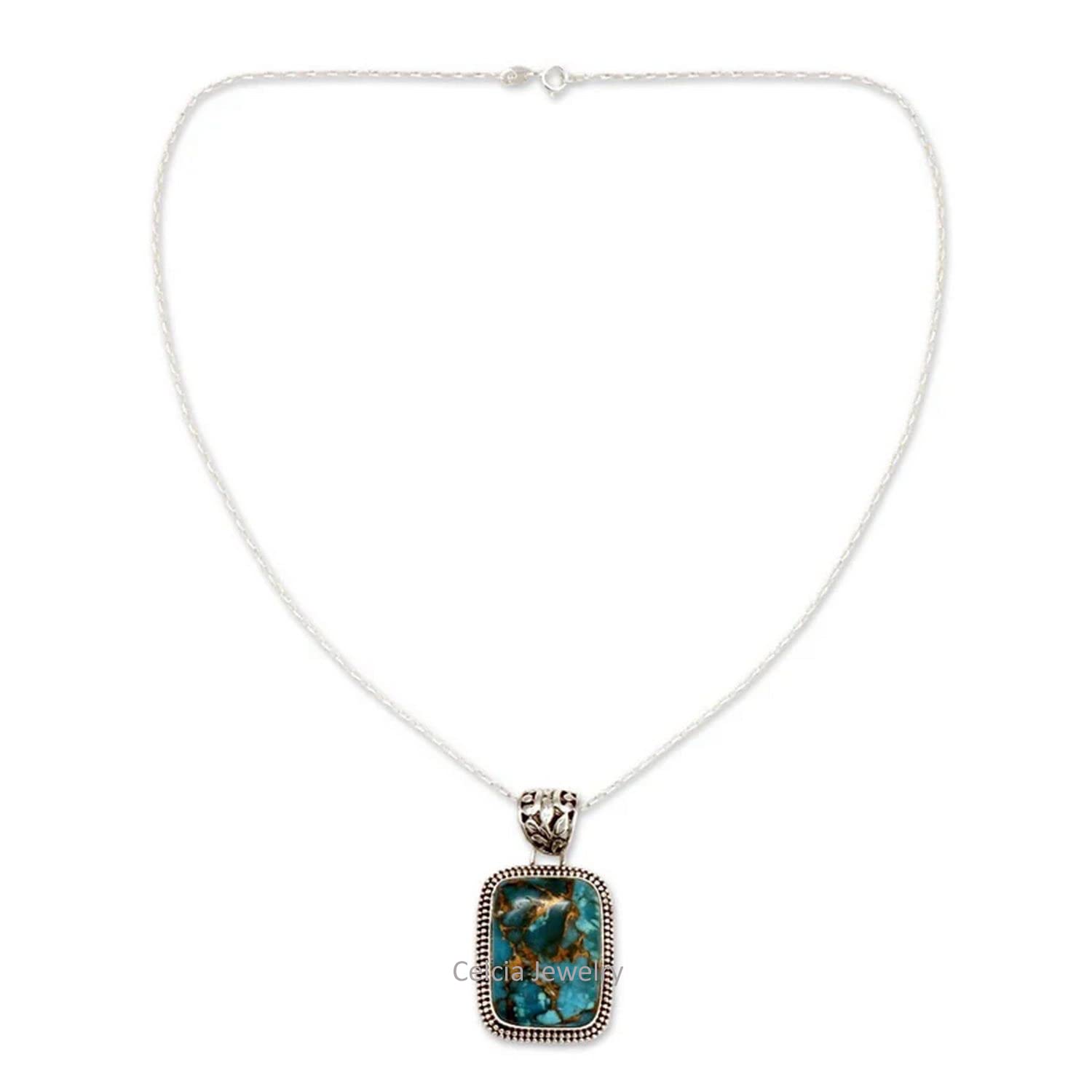 Collana in argento sterling puro 925 per donna, collana realizzata a mano unica con pietra preziosa turchese di rame blu rettangolo genuino per lei