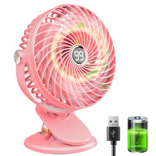 Ventilador de Mesa, Ventilador USB Silencioso con Pinza, 6000mAh Portatil Mini Ventilador Pequeño, Pantalla LED, 5 Velocidades 720° Rotation, Ventilador Sobremesa para Oficina Hogar Camping