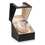 Efaithtek Automatic Single Watch Winder in Black Crocodile Pattern Leather with Japanese Quiet Motor，AC Adapter or Battery Powered (Black Carbon Fiber Leather)