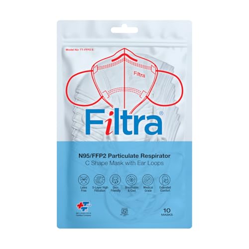 Image of Filtra N95 Mask with Ear Loops | FFP2 Mask with Ear Loops | BIS Certified | 5 Layer & Thick Ear Loops | High Filtration | Zip Lock Travel Pouch of 10 Masks