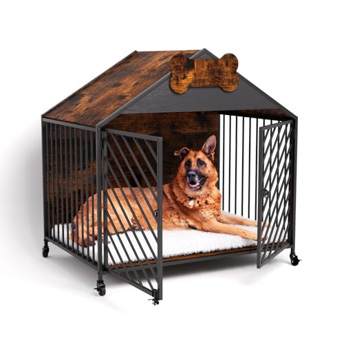 Heavy Duty Chew-Proof Dog Crate Furniture for Large Dogs - 39.4 Inch Indoor Kennel with Double Door & Gable Roof, Escape-Proof Cage in Rustic Brown