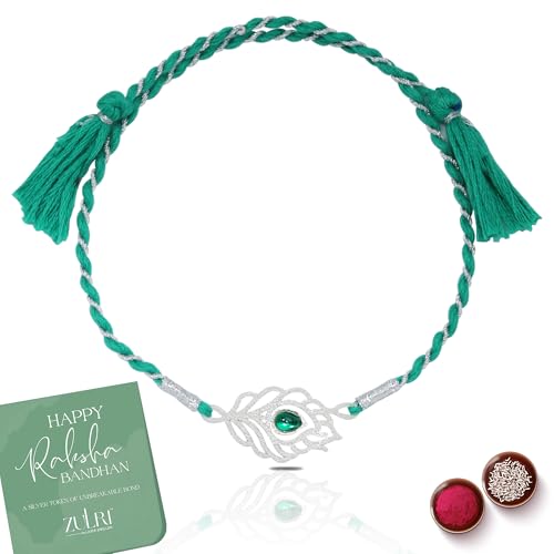 Image of 92.5 Sterling Silver Peacock Feather with Stone Thread Rakhi For Rakshabandhan | Rakhi With Fragrance Greeting Card & Roli Chawal and Silver Certificate of Authenticity