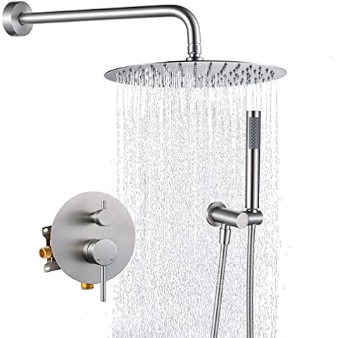 KRUZOO Round Shower System for Bathroom Brushed Nickel Wall Mounted Brass Shower Faucet Combo Set with 12 inch Pressure Rainfall Shower head and 2 in 1 Handheld Showerhead Rough-In Shower Valve Kit Cover