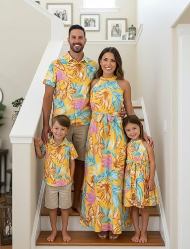 Image of PATPAT Family Hawaiian Matching Outfits - Mommy and Me Vacation Outfits | Halter Sundresses and Button Down Shirts,Caribbean Vacation Summer Tropical Outfits,Hawaiian Boho Tropical Floral Printed