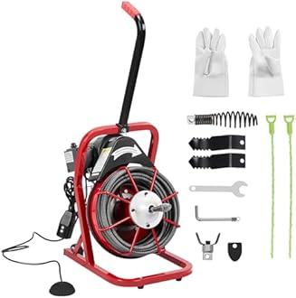 Drain Cleaner Machine, 50 Ft X 3/8 Inch Professional Automatic Electric Drain Auger for 1 to 4 Inch Pipes, Portable Electric Drain Snake with 4 Cutters & Foot Switch and Pair of Gloves