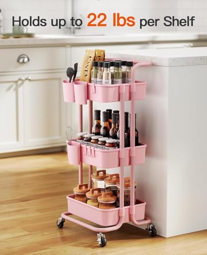 Image of Pipishell 3 Tier Rolling Cart with Wheels - Craft Storage Cart with 3 Hanging Cups & 4 Hooks - Mobile Art Carts Organizer for Office, Kitchen, Craft Room, Bedroom, Bathroom, Laundry Room (Pink)