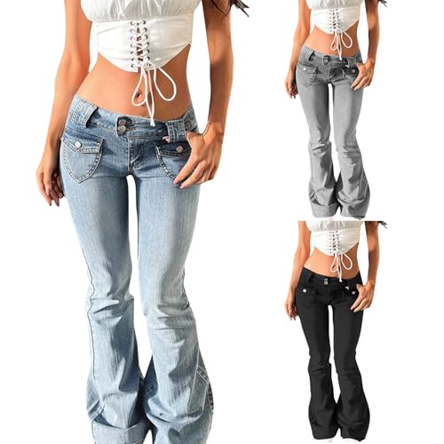 Flare Jeans for Women Low Waisted Boyfriend Jeans Trendy Strechy Bell Bottom Y2k Denim Pants with Pockets