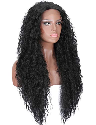 Kalyss Hand Tied Lace Front Wigs for Black Women Long Loose Curly Wavy Black Wigs Glueless Natural Looking Heat Resistant Synthetic Lace Wigs, 26 inch 9.9 oz