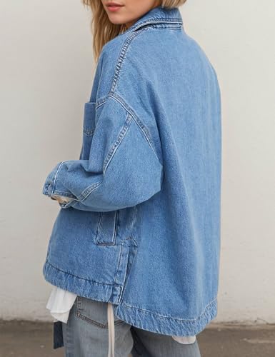 Women's City Denim Jacket–Long Sleeve Oversized Boyfriend Style Jean Jacket with Button Up Front3