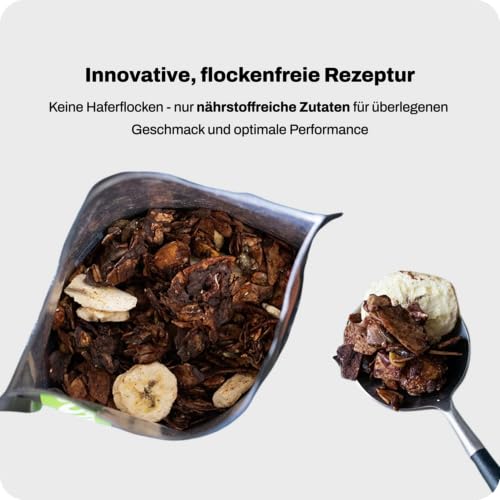 Powerlogy Upgraded Keto Granola | Glutenfrei, Ohne Zucker, Mit Präbiotischer Chicorée-Faser, Low-Carb, Natürliche Zutaten & Hoher Fettgehalt (350 g) (Schoko & Banane)