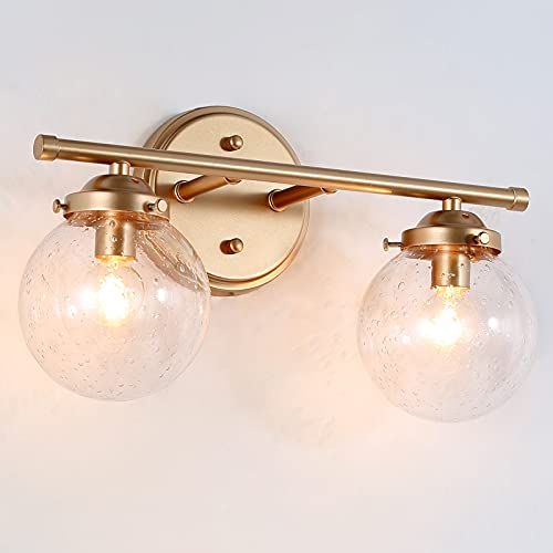 Bathroom Vanity Light, 2 Light Gold Vanity Lighting Fixtures, Gold Bathroom Light Fixtures With Globe Seeded Glass Shade (14’’ L X 6.5’’ W X 8’’ H) #TOP16