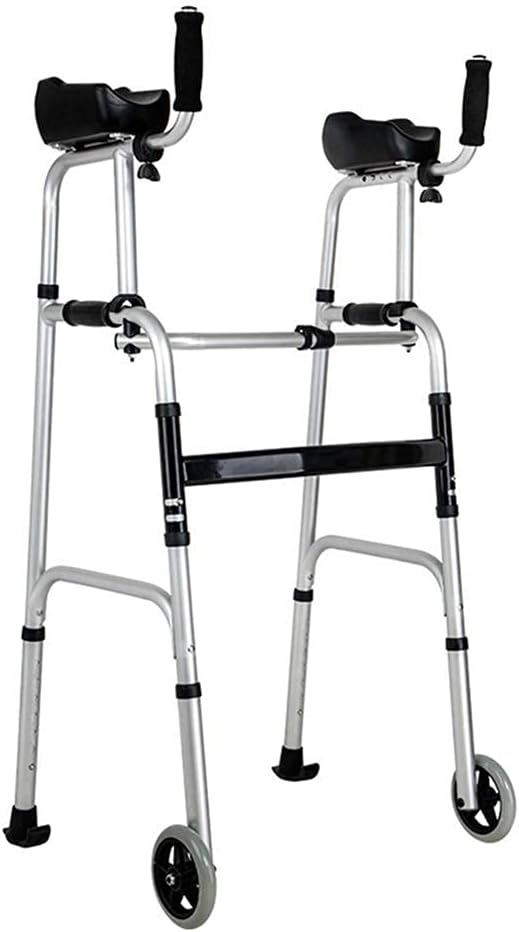 折りたたみ式歩行器 2輪、歩行補助具、5インチ固定ホイール付き歩行器、パッド入りアームレスト、高齢者用調節可能、高齢者用歩行スティッ
