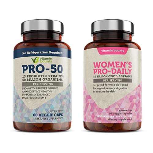 Vitamin Bounty Pro 50 Probiotics with 13 Probiotic Strains and Women's Vaginal Probiotic, Prebiotic Fermented Greens and Delayed Release Capsules Bundle