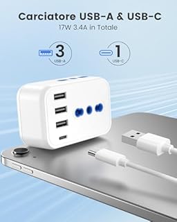 LENCENT Adattatore Presa Inglese da Viaggio, Spina Tipo G con 3 Prese Italiane e 4 Porte USB, 7 in 1 Presa UK da Viaggio per Regno Unito, Irlanda, Dubai, Maldive, Malta -3250W