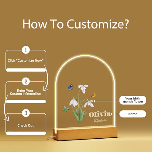 IOUMAM Personalized Baby Gifts, Birth Month Flower Personalized LED Night Light, Custom LED Night Light with Name and Place, Newborn Gift, Nursery Bedroom Decor, Baptism Gift