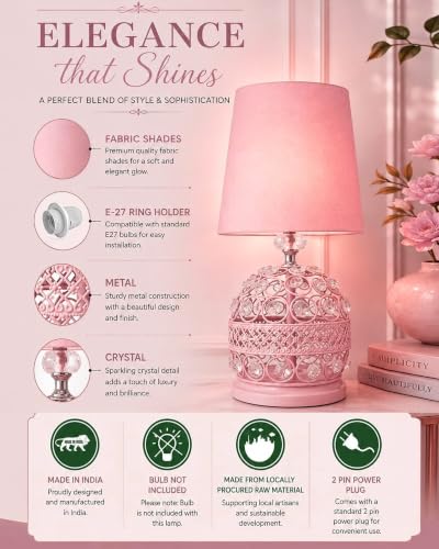 Image of Homesake Modern Small Crystal Table Lamp, Contemporary Bedroom Bedside Nightstand Lamp, Morden Minimalist, Desk Globe Lamp for Living Room Girls Kids Room, Fabric Shade (Pink)