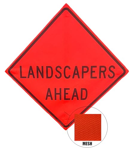 Image of OrangeGear 36 inchx36 inch Landscapers Ahead Mesh Sign & Steel Spring Stand | MUTCD TTC compliant orange mesh roll-up sign kit with fiberglass cross ribs and single-spring steel stand.