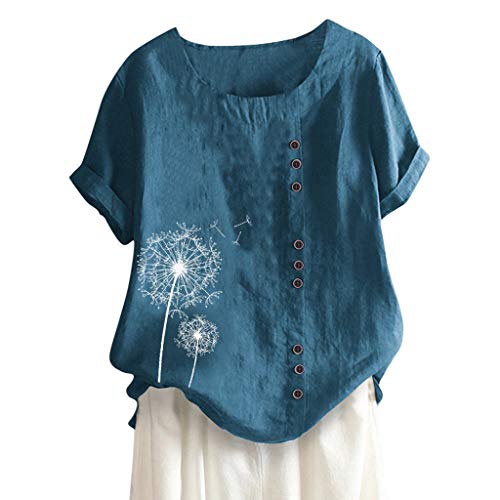 Blusa de algodón y lino para mujer con cuello en V botón de manga larga Tops Color de gran tamaño barato casual algodón lino camisa lisa suelta y transpirable día de la madre camisetas, A-azul, L