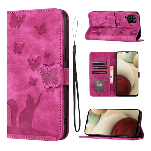 LSPCASA Custodia Per Samsung Galaxy A12 Materiale In Pelle PU Cover Samsung A12 Con Slot Per Schede Reticolo Della Farfalla Del Gatto Cover Samsung Galaxy A12 Rosa