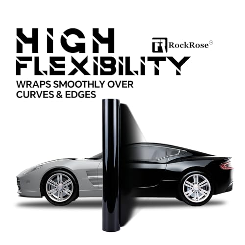 Image of RockRose 2026 Ultra Gloss Black Vinyl Wrap for Cars 60 in x 20FT - Self Adhesive Car Wrap Vinyl Roll, Anti-Wrinkle & Air Release, Durable Piano Black Gloss Finish for Exterior & Interior