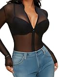 Avidlove Womens Plus Size Bodysuit Top Sexy Mesh Sheer See Through Zipper Leotard with Snap Crotch Black XXL