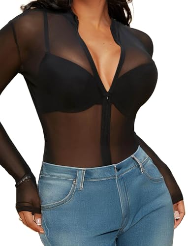Avidlove Women's Sheer Mesh Bodysuit Long Sleeve See Through Zipper Leotard Snap Crotch Bodysuit Body Tops Black XL
