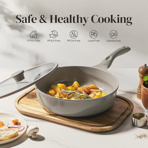 Image of Redchef Deep Ceramic Frying Pan with Lid, Nonstick Saute Pan Cookware All Cooktop Compatibility, Stay-Cool Handles, PFOA Free, Healthy Coating, Tempered Glass Cover, Even Heat, Grey (3.7Qt, 10 inch)