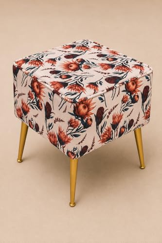 Image of Designer Accent Chair with Floral Printed Back & Footstool | Velvet Lounge Chair for Living Room, Makeup Vanity & Bedroom (Parrot Green Floral)