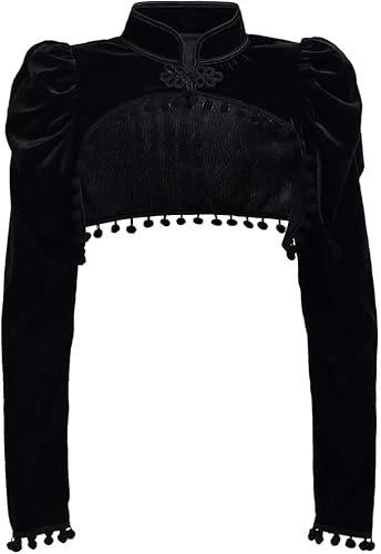 Gotisk viktoriansk sammet Bolero kortärmad jacka med mandarin krage pom pom trim steampunk stil svart, Svart, XXL