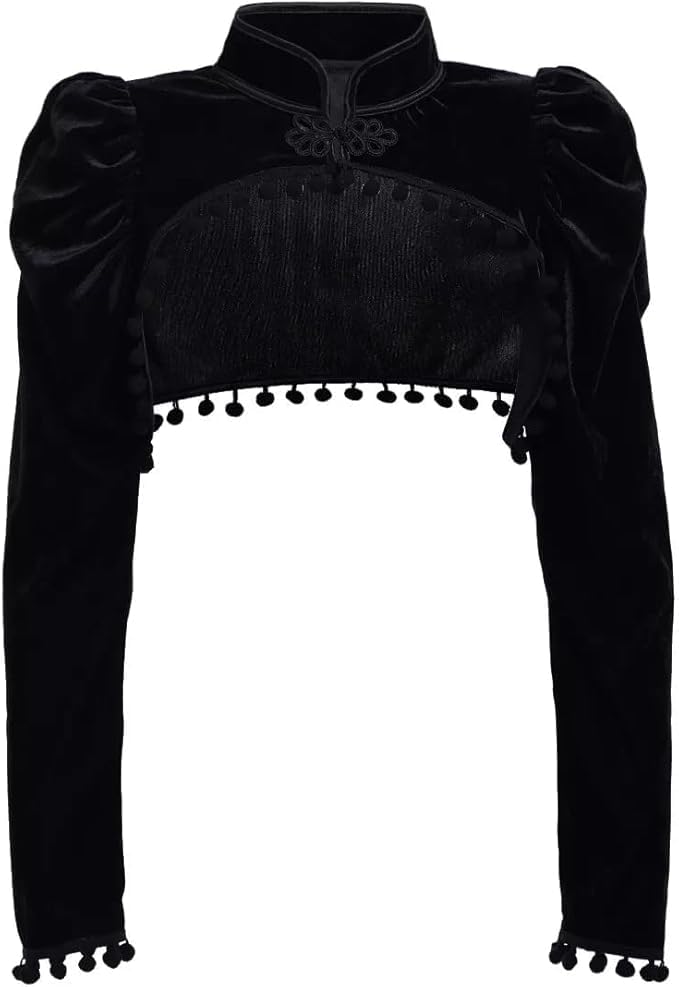 Boléro gothique victorien en velours à manches longues avec col mandarin et pompons Style Steampunk Noir, Noir , S