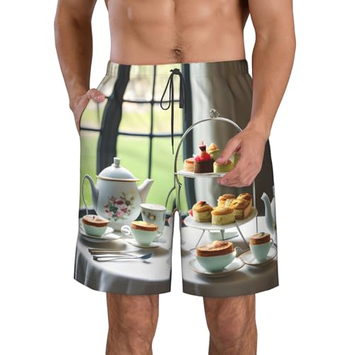 Afternoon Tea Print Stylish Beach Shorts Swim Trunks Lightweight Breathable Summer Outdoor Activities