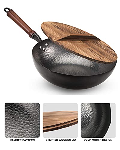 BIELMEIER-Wok-Pan-125-Woks-and-Stir-Fry-Pans-with-lid-Carbon-Steel-Wok-with-Cookware-Accessories-Wok-with-Lid-Suits-for-all-StovesFlat-Bottom-Wok