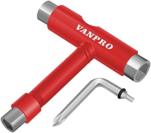 Vanpro All-in-One Skate Tools Multi-Function Portable Skateboard T Tool Accessory with T-Type Allen Key and L-Type Phillips Head Wrench Screwdriver(Snow red, Pack of 1)