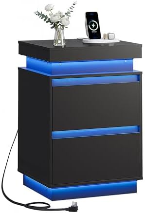WLIVE Tall Black Nightstand with LED Lights and Charging Station,...