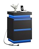 WLIVE Tall Black Nightstand with LED Lights and Charging Station, Modern Night Stand Bedside Table with 2 Wooden Drawers and Sliding Top, End Side Table for Bedroom, Living Room, Office