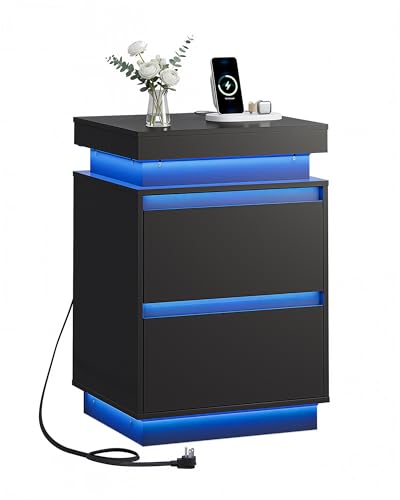 WLIVE Tall Black Nightstand with LED Lights and Charging Station, Modern Night Stand Bedside Table with 2 Wooden Drawers and Sliding Top, End Side Table for Bedroom, Living Room, Office