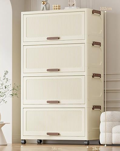 Image of House of Quirk 4-Tier Storage Cabinet with Wheels - Durable Plastic Foldable Wardrobe Organizer with Multiple Compartments, Perfect for Bags, Clothes, and Living Room Storage (Cream)