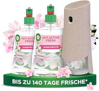 Air Wick Active Fresh – Starter Set – Aeorosolfreier, automatischer Lufterfrischer – Raumduft Jasminblüte – 2 x 228 ml Nachfüller + Gerät