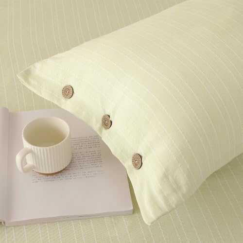 Image of Story@Home Linen King Size Bedsheet Cotton Textured Flat Sheet with 2 Pillow Covers Super Soft Bed Sheet for King Size Bed | 300 TC Striped Pattern | 250 x 270 cm | Sage Green