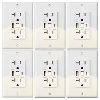 20 Amp Outlet with Light and USB, Electrical Wall Outlet with Type A and Type C USB Charging Ports for iPhone 17 Series & More,Tamper-Resistant 220V Outlet Wall Plate Included,White (6, White)