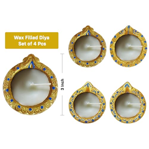 Image of Party Propz Golden Wax Filled Clay Diya for Puja - Set of 4 Wax Diya for Decoration, Pooja Decoration Items for Home, Teracottas Diyas for Puja Decorations Items, Clay Diyas for Pooja