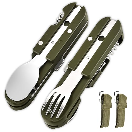 Pack de 2 couverts de camping pliables, 5 en 1 en acier inoxydable avec décapsuleur, couverts de camping en tant que couteau, fourchette, cuillère, ensemble...