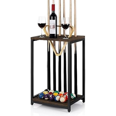 smusei Pool Cue Rack Wood Billiard Stick Holder Pool Table Accessories for Billiard Room Game Room Club Holds 6 Cues, Floor Stand, Deep Brown Cover