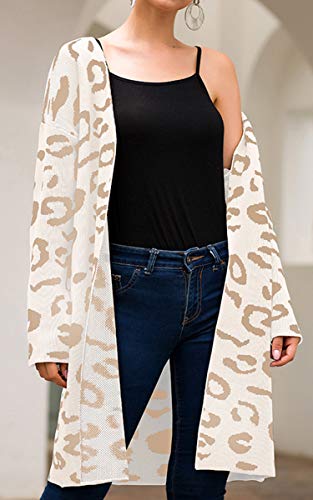 Angashion Women's Long Sleeves Leopard Print Knitting Cardigan Open Front Warm Sweater Outwear Coats 318Beige M