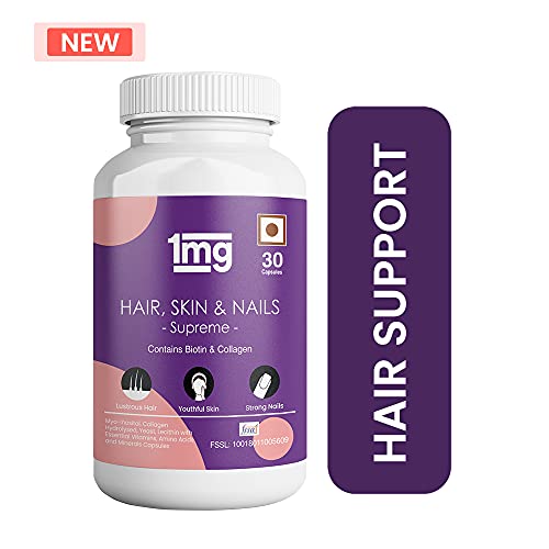 Image of Tata 1mg Hair, Skin & Nails Supreme Biotin Capsule with Collagen, Zinc, Iron And Vitamin B Helps In Making The Hair Strong And Lustrous For Unisex (Pack Of 30 Capsules)
